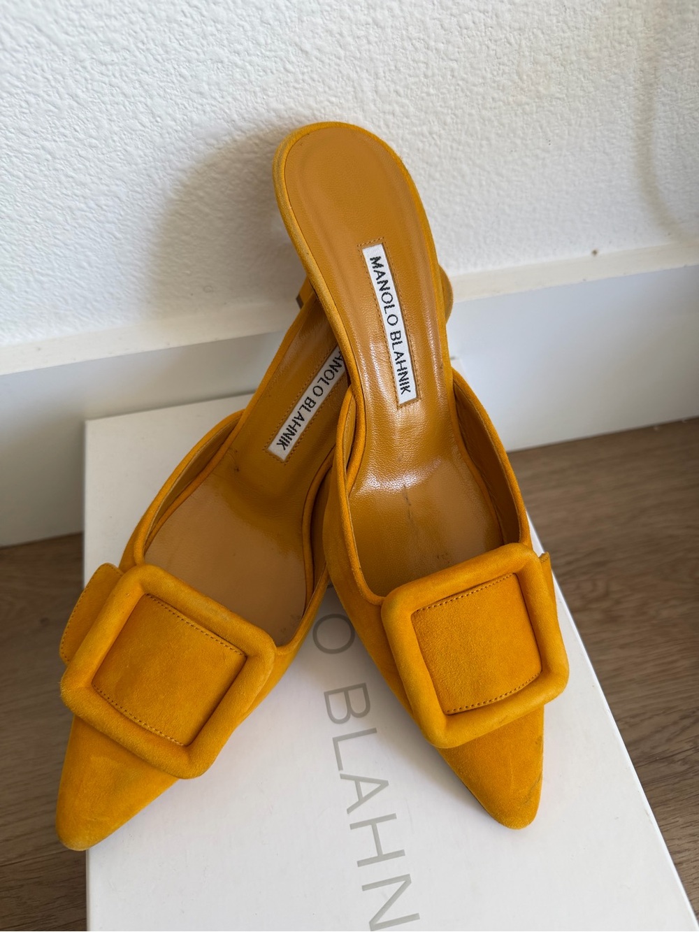 Manolo Blahnik Byel Yellow Suede Pointed-Toe Buckle Mules
